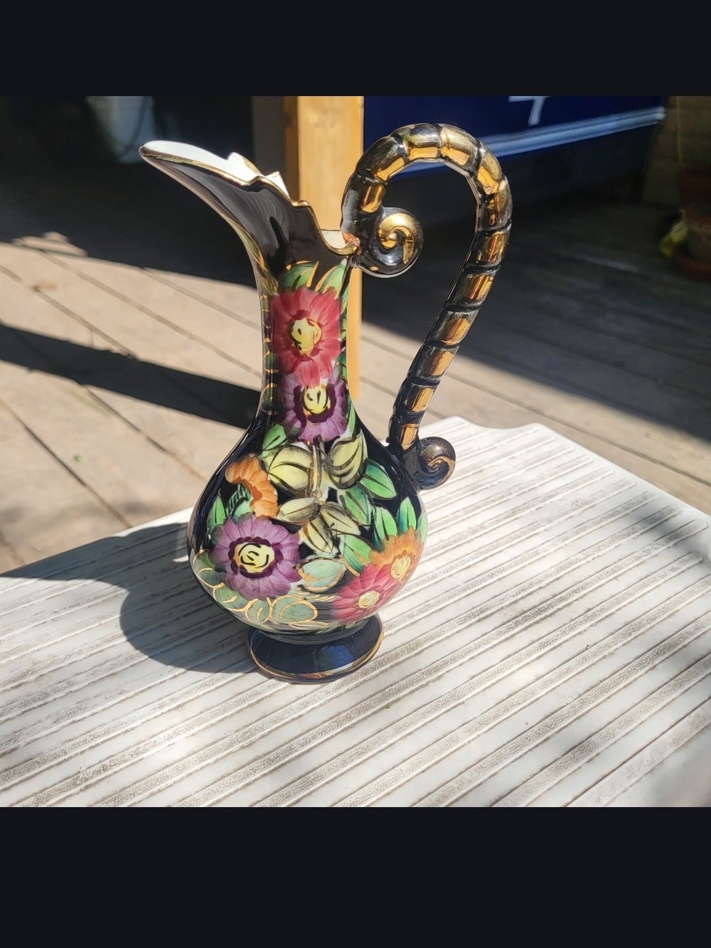 Hand-Painted Floral Black Ceramic Ewer with Gold Accents